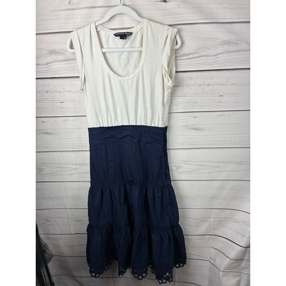 Veronica Beard Jeans Womens Small Mixed Media Eyelet Tiered Midi Dress Navy
